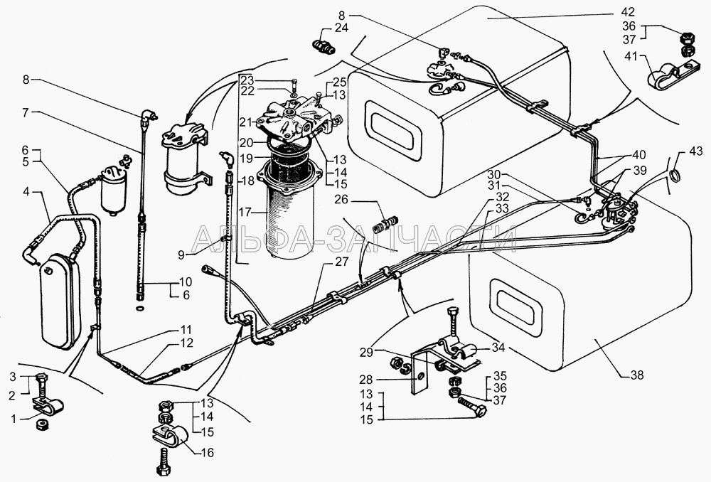 Топливные баки, топливопроводы и фильтр грубой очистки топлива автомобиля КрАЗ-64431-02  