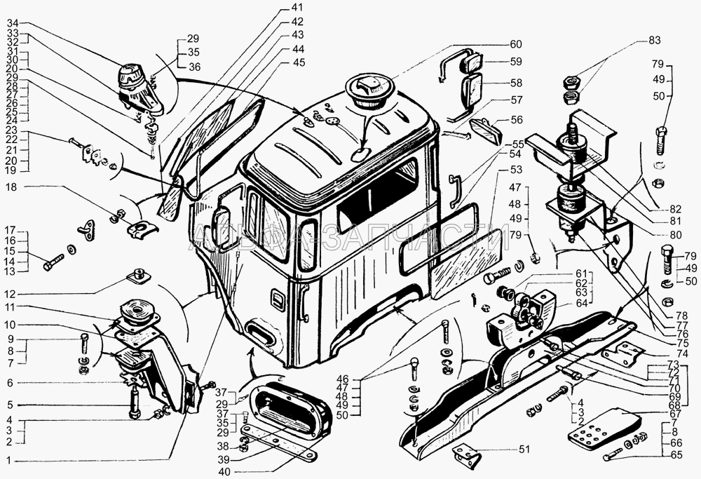 Кабина в сборе и крепление кабины (202148 Болт М16х1,5х55) 