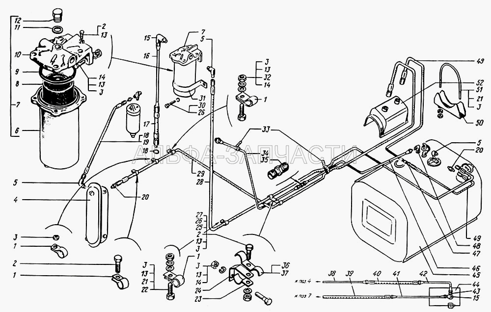 Топливные баки, топливопроводы и фильтр грубой очистки топлива автомобилей краз-65055, краз-65053, краз-650531  