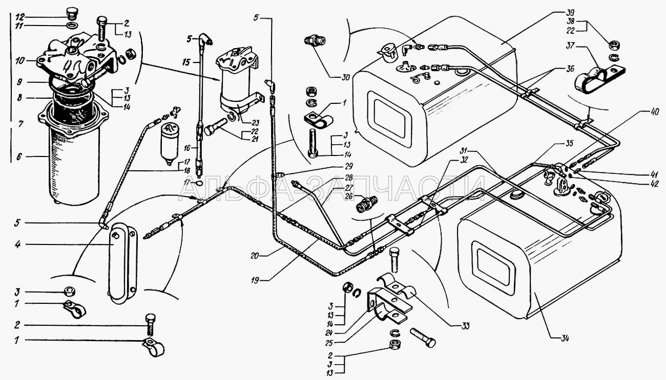 Топливные баки, топливопроводы и фильтр грубой очистки топлива автомобиля краз-64431  
