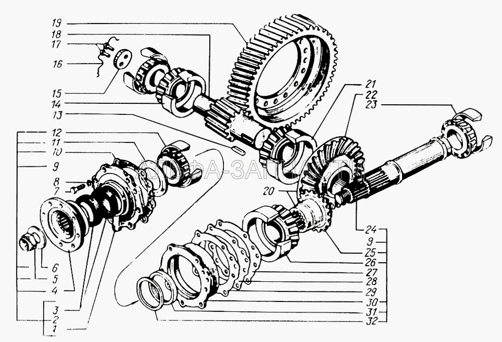 Редуктор главной передачи заднего моста (валы и шестерни)  