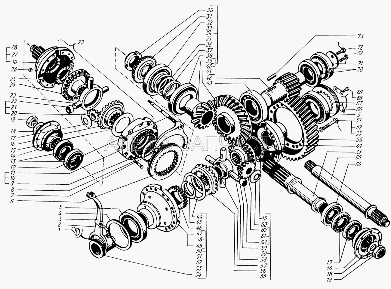 Редуктор главной передачи среднего моста (валы и шестерни) (65055-2402120 Шестерня ведомая цилиндрическая) 
