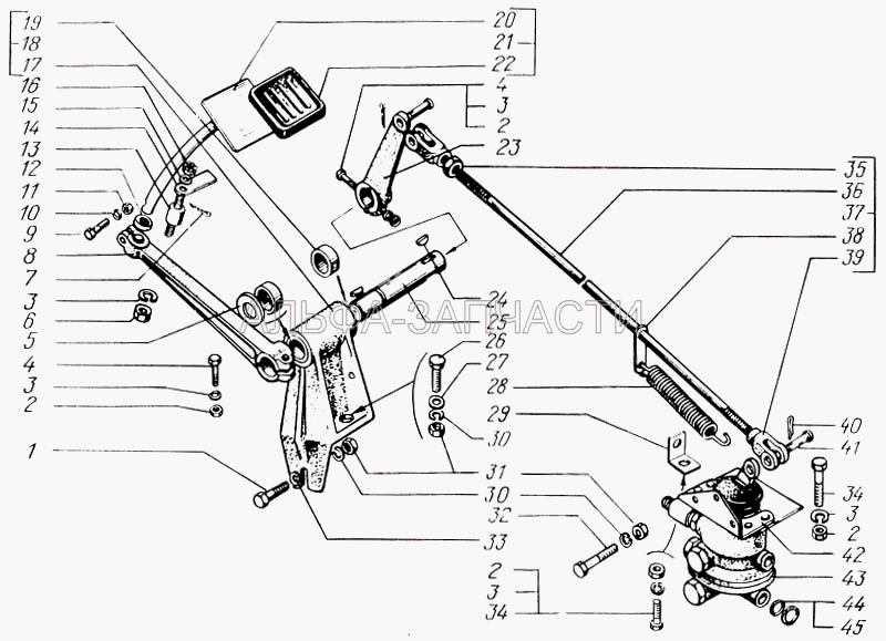 Педаль тормозная и привод управления двухсекционным тормозным краном (250Б-3504060 Рычаг) 