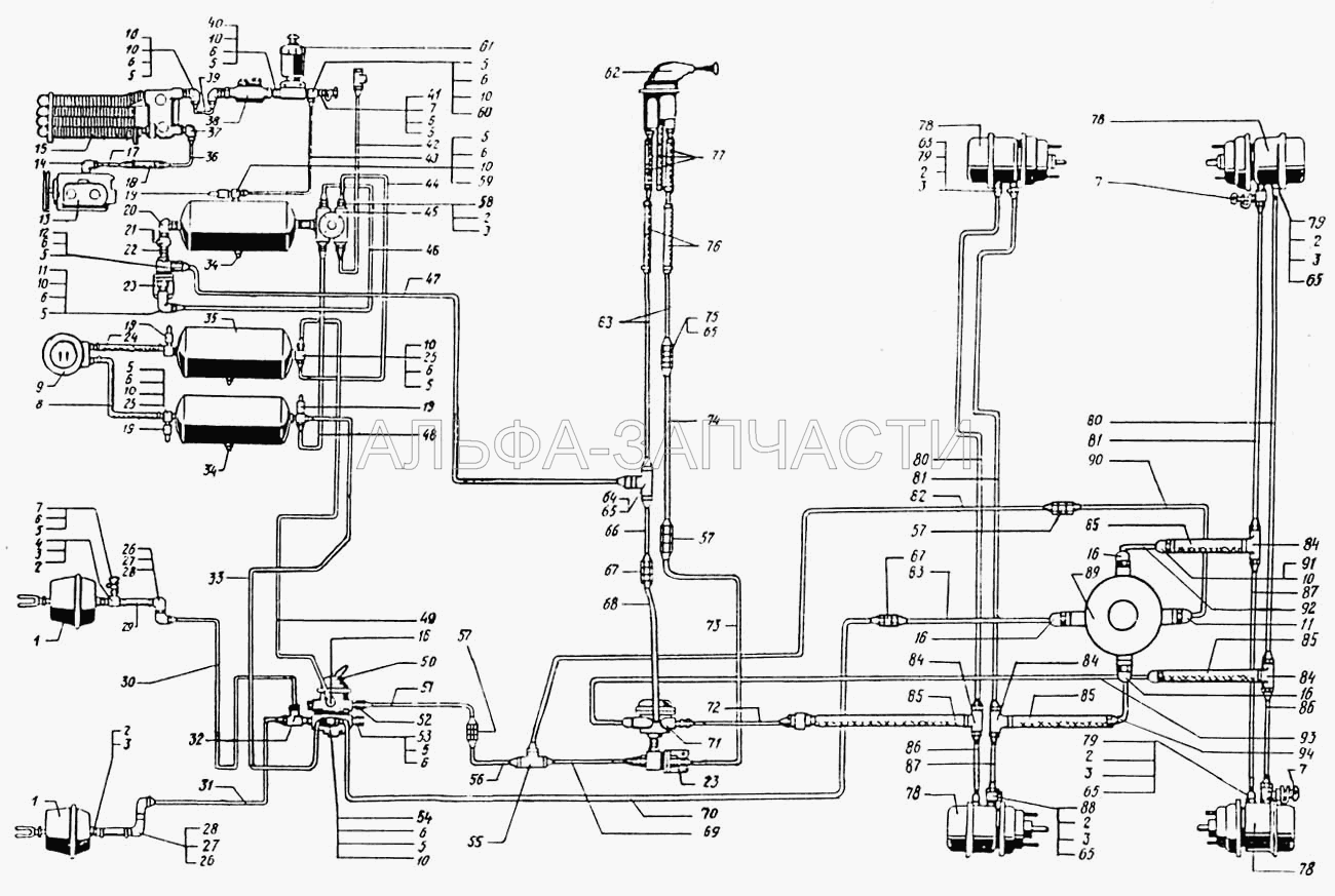 Воздухопроводы и аппараты тормозной системы автомобиля краз-65055  