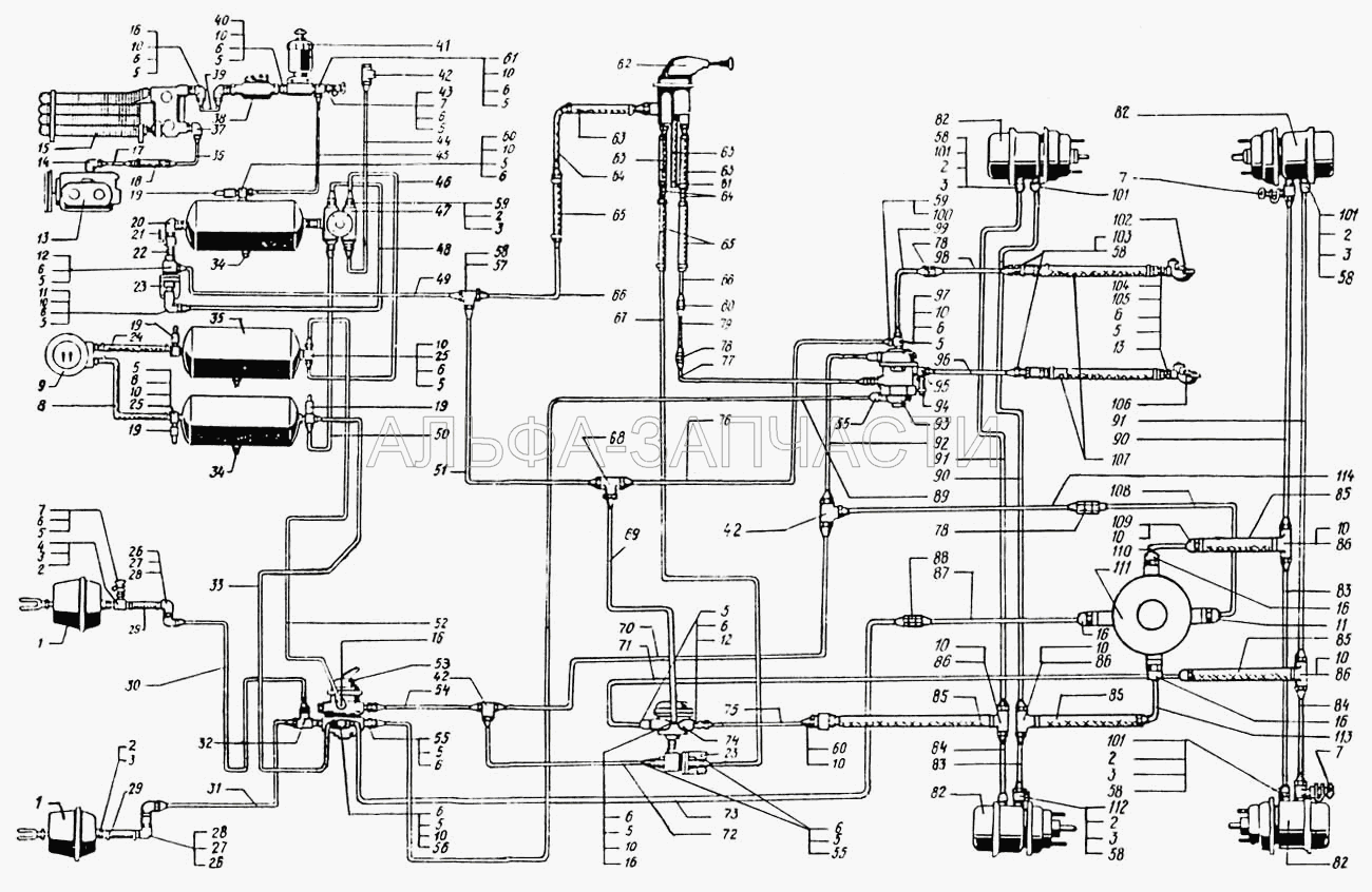 Воздухопроводы и аппараты тормозной системы автомобилей краз-65053, краз-650531, краз-64431  