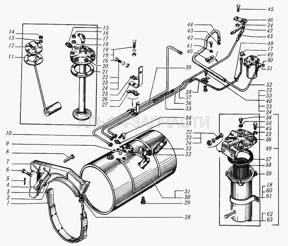 Топливный бак, топливопроводы и фильтр грубой очистки топлива автомобиля КрАЗ-6510 (204А-1105510-Б Фильтр топливный грубой очистки в сборе) 