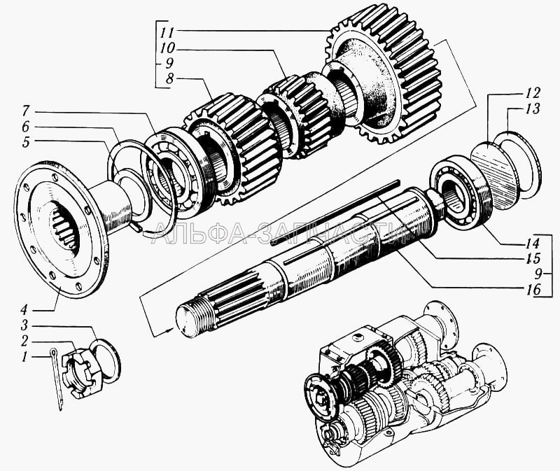 Вал ведущий и шестерни (314108-П Шпонка) 