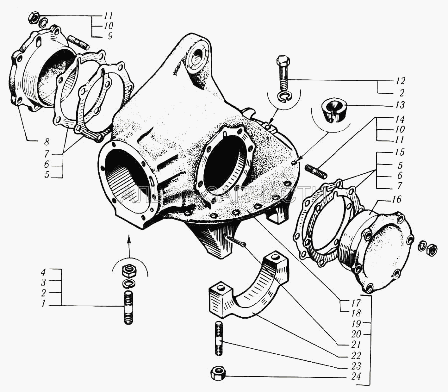 Картер и крышки редуктора главной передачи заднего (среднего) моста  