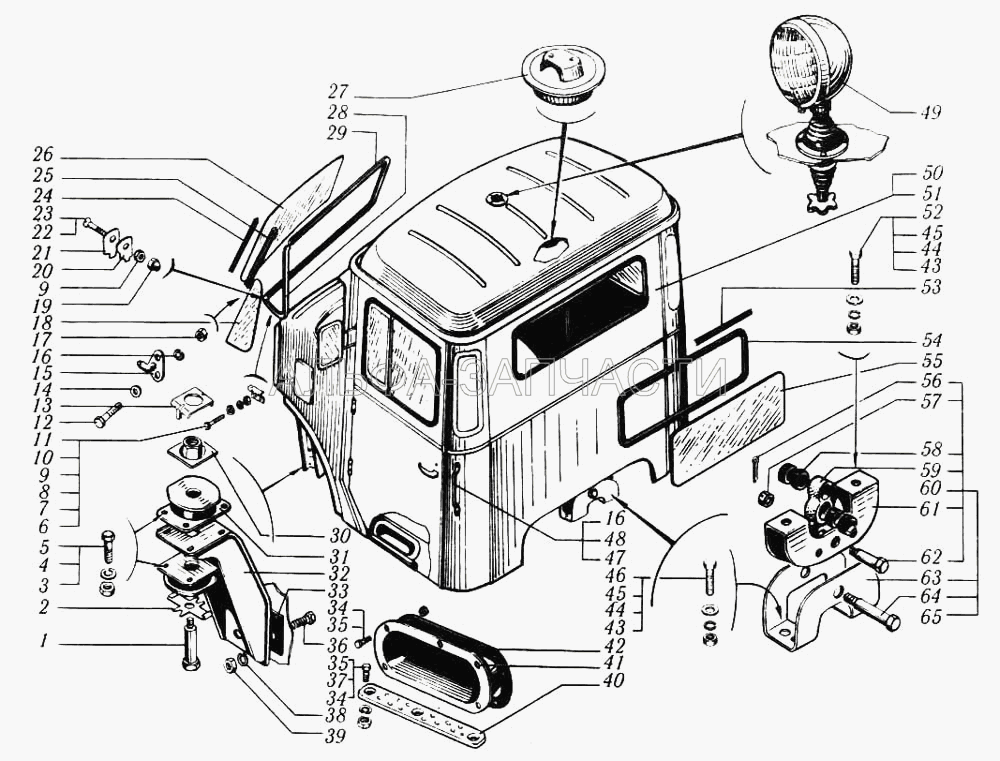 Кабина в сборе и крепление кабины (6437-5001300 Подушка средней опоры кабины) 