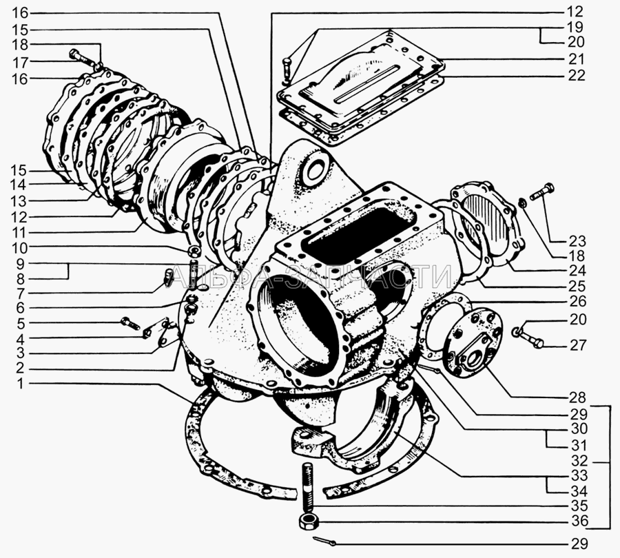 Редуктор главной передачи заднего моста (картер с крышками)  