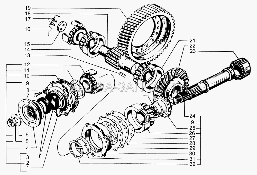 Редуктор главной передачи заднего моста (валы и шестерни)  
