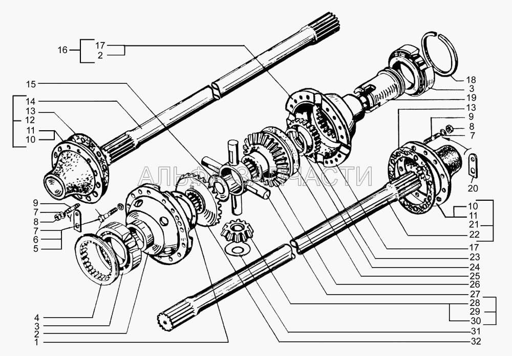 Дифференциал межколесный заднего моста и полуоси заднего (среднего) мостов  