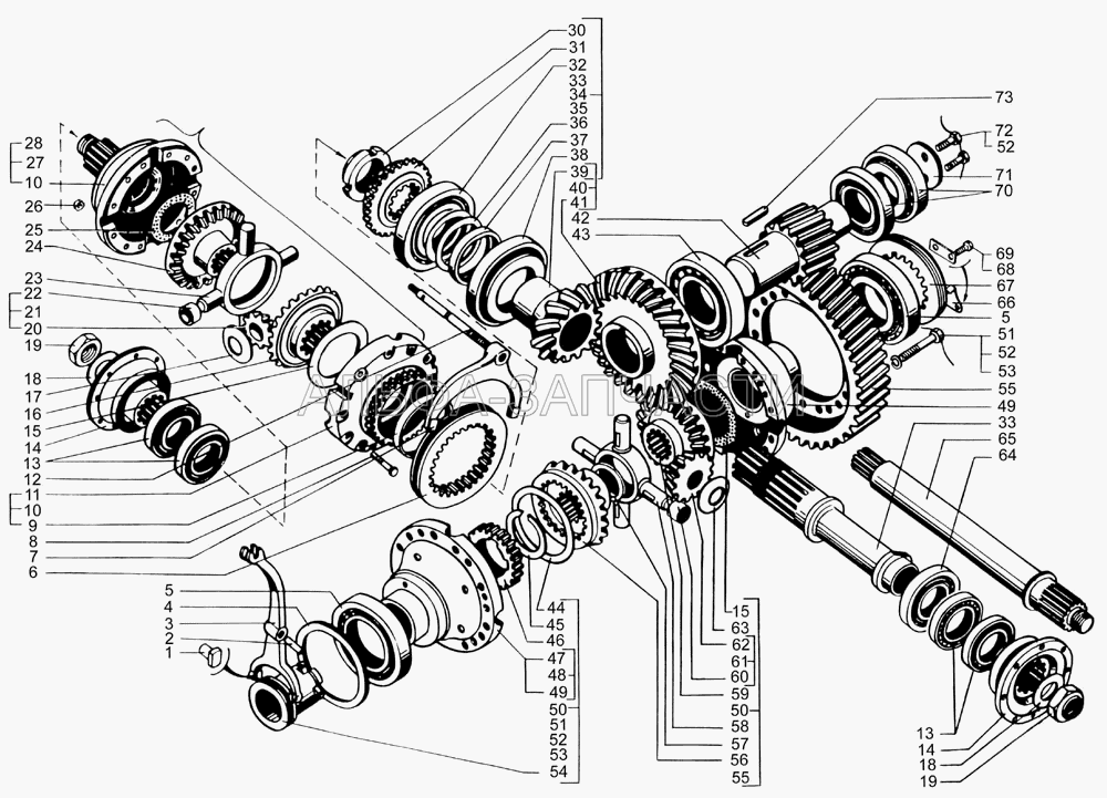 Редуктор главной передачи среднего моста (валы и шестерни) (250512 Гайка М10х1,5) 