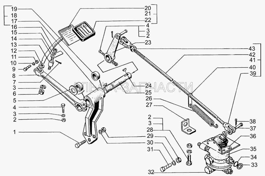 Педаль тормозная и привод управления двухсекционным тормозным краном (250512 Гайка М10х1,5) 