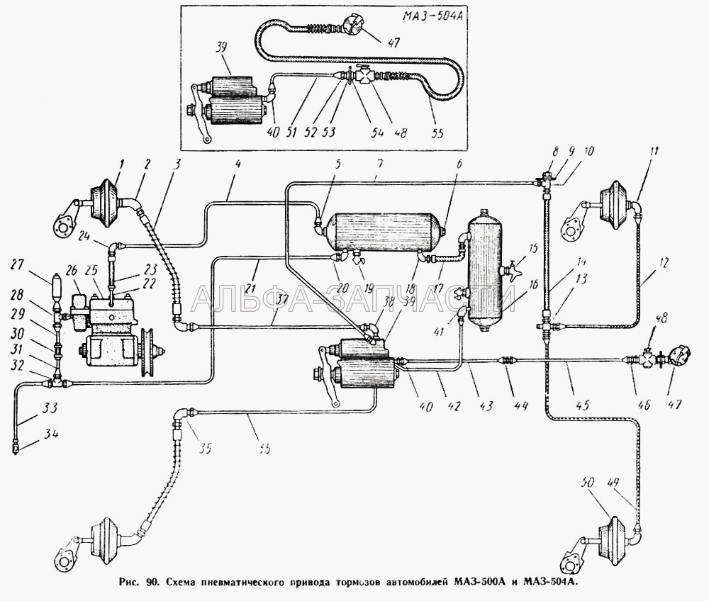 Схема пневматического привода тормозов автомобилей МАЗ-500А и МАЗ-504А (500-3506293-Б1 Тройник подвода воздуха к задним тормозам) 