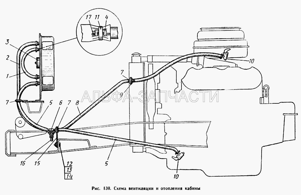 Схема вентиляции и отопления кабины (401418-П29 Тройник подводных шлангов) 