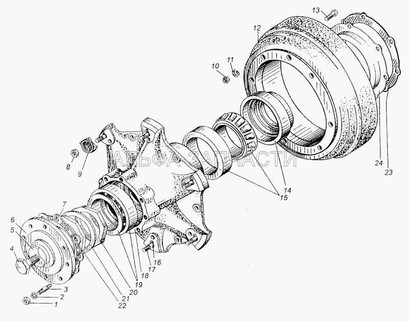 Ступица и тормозной барабан переднего колеса автомобиля МАЗ-509А (200-3104076-А Гайка подшипников ступицы переднего колеса в сборе) 