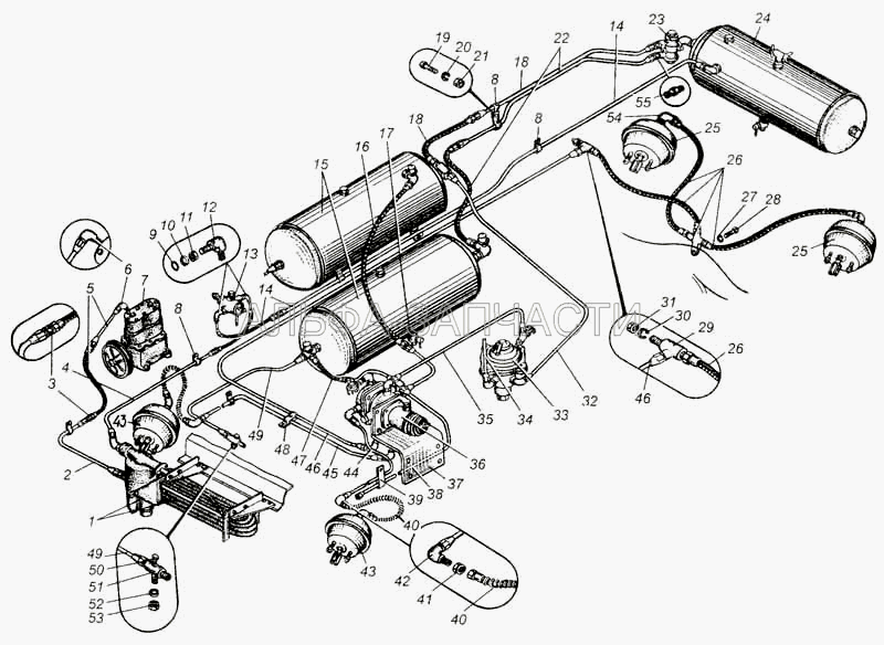 Привод пневматический тормозов автомобилей МАЗ-5429, МАЗ-504В  