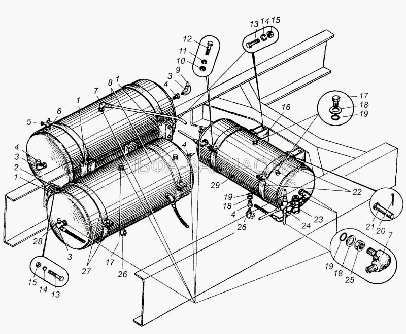 Крепление воздушных баллонов автомобиля МАЗ-5335  