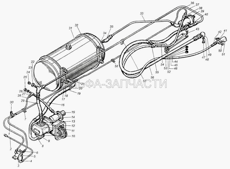 Трубопроводы и шланги механизма подъема платформы автомобиля МАЗ-5430  