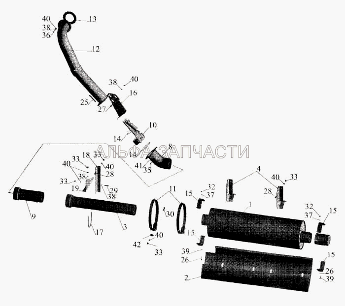 Установка системы выпуска МАЗ-533602, 533603, 630303 (533602-1203009-100 Труба приемная) 