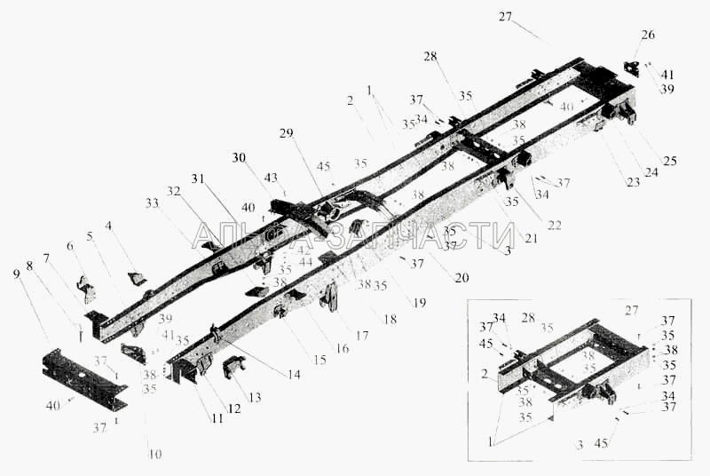 Рама шасси МАЗ-533702 под комплектацию специального оборудования (500А-2912444 Кронштейн задней рессоры, передний) 