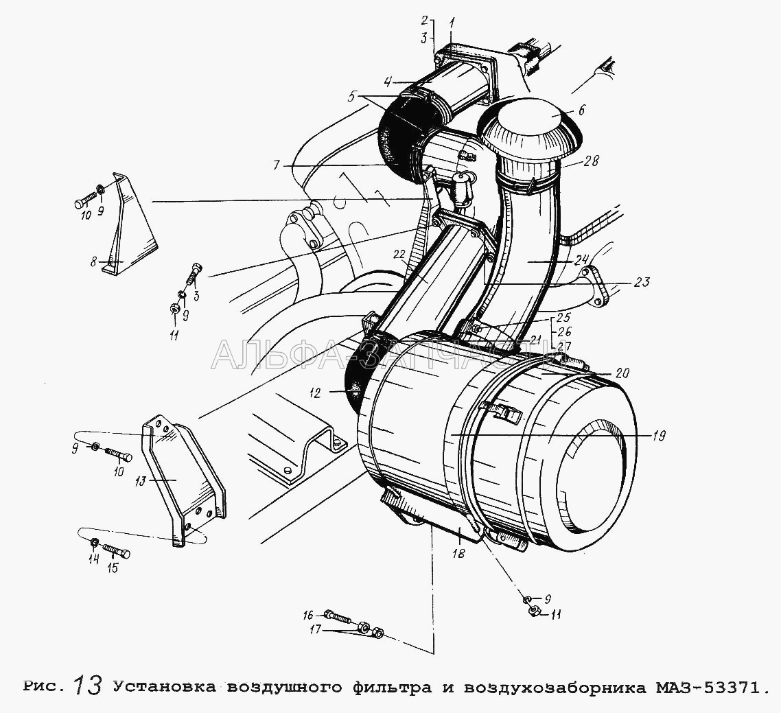 Установка воздушного фильтра и воздухозаборника МАЗ-53371  