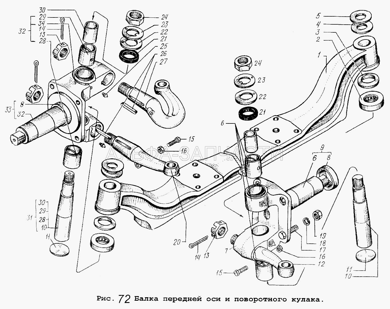 Балка передней оси и поворотного кулака (5336-3001035 Рычаг продольной рулевой тяги) 