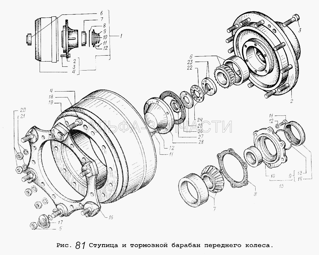 Ступица и тормозной барабан переднего колеса (201476 Болт М8х1-6gх55) 