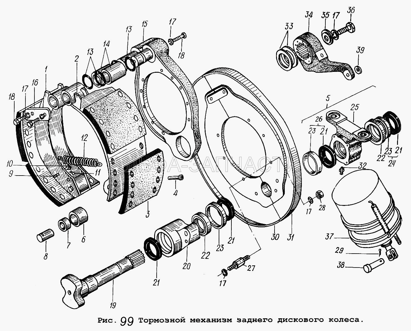 Тормозной механизм заднего дискового колеса (64221-3501135 Рычаг регулировочный левый) 
