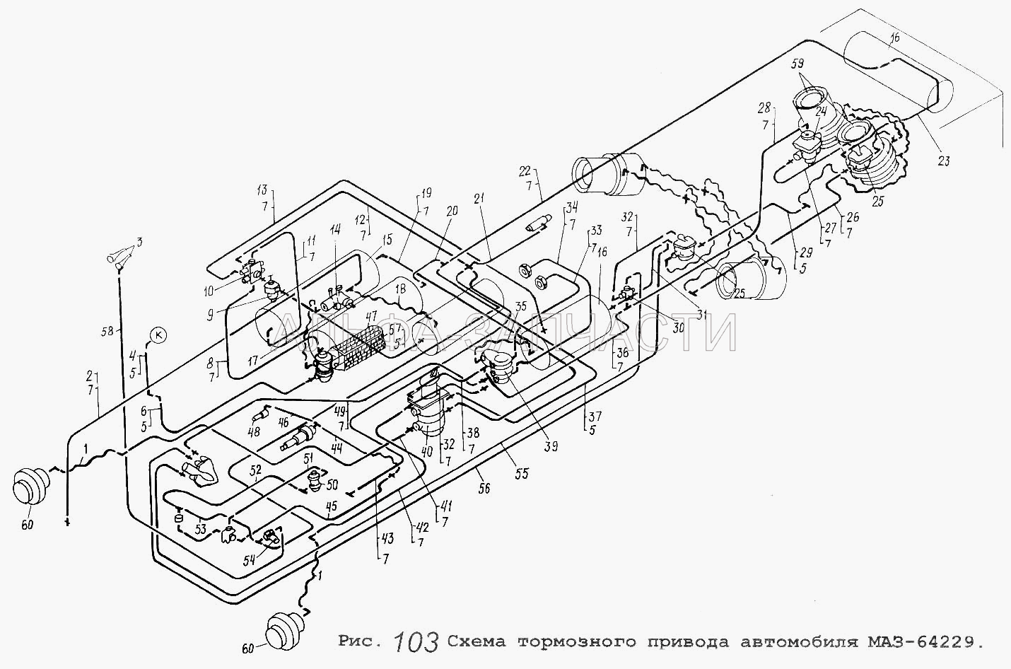 Схема тормозного привода автомобиля МАЗ-64229 (100-3519200 Камера тормозная задняя) 