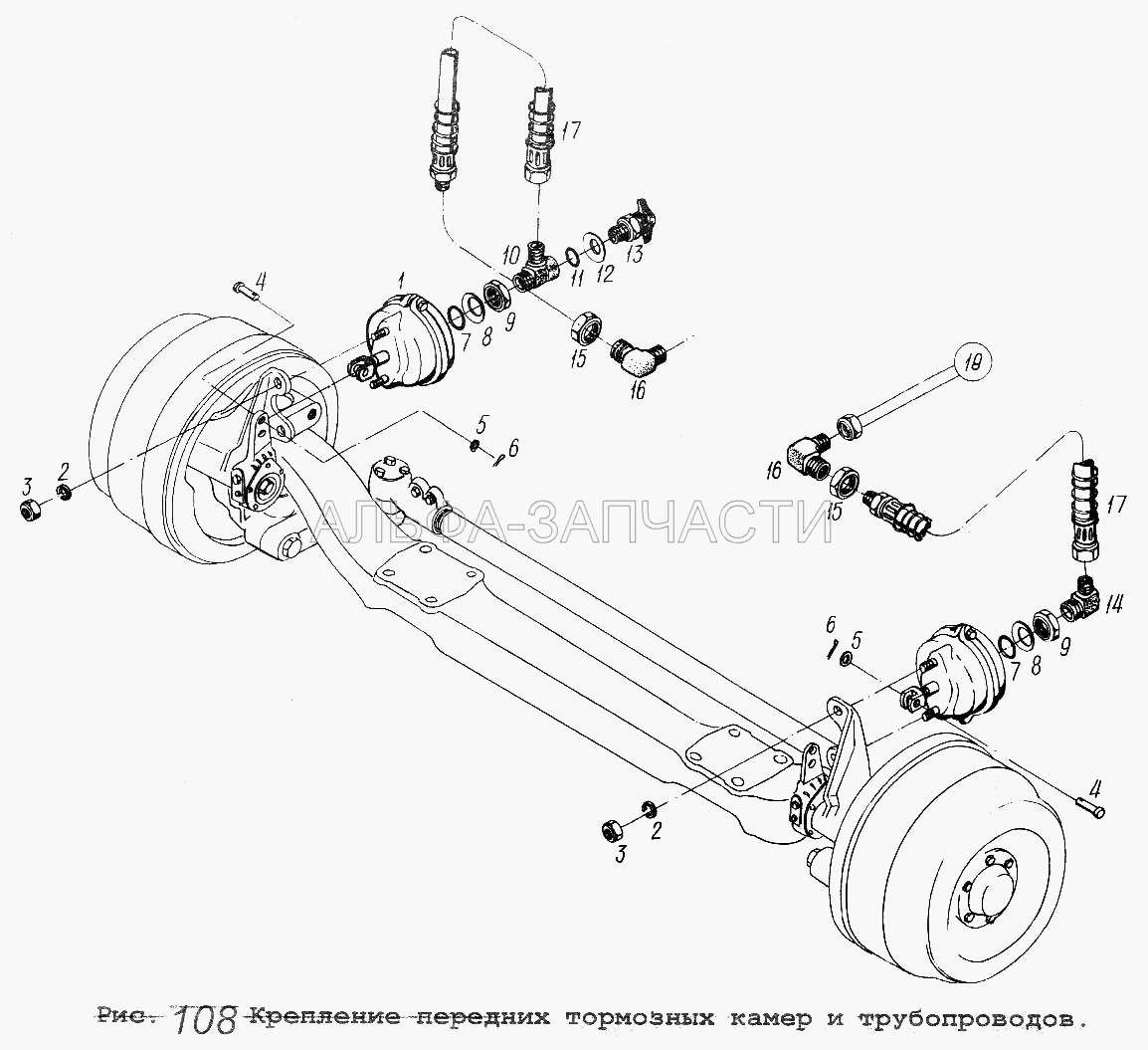 Крепление передних тормозных камер и трубопроводов  