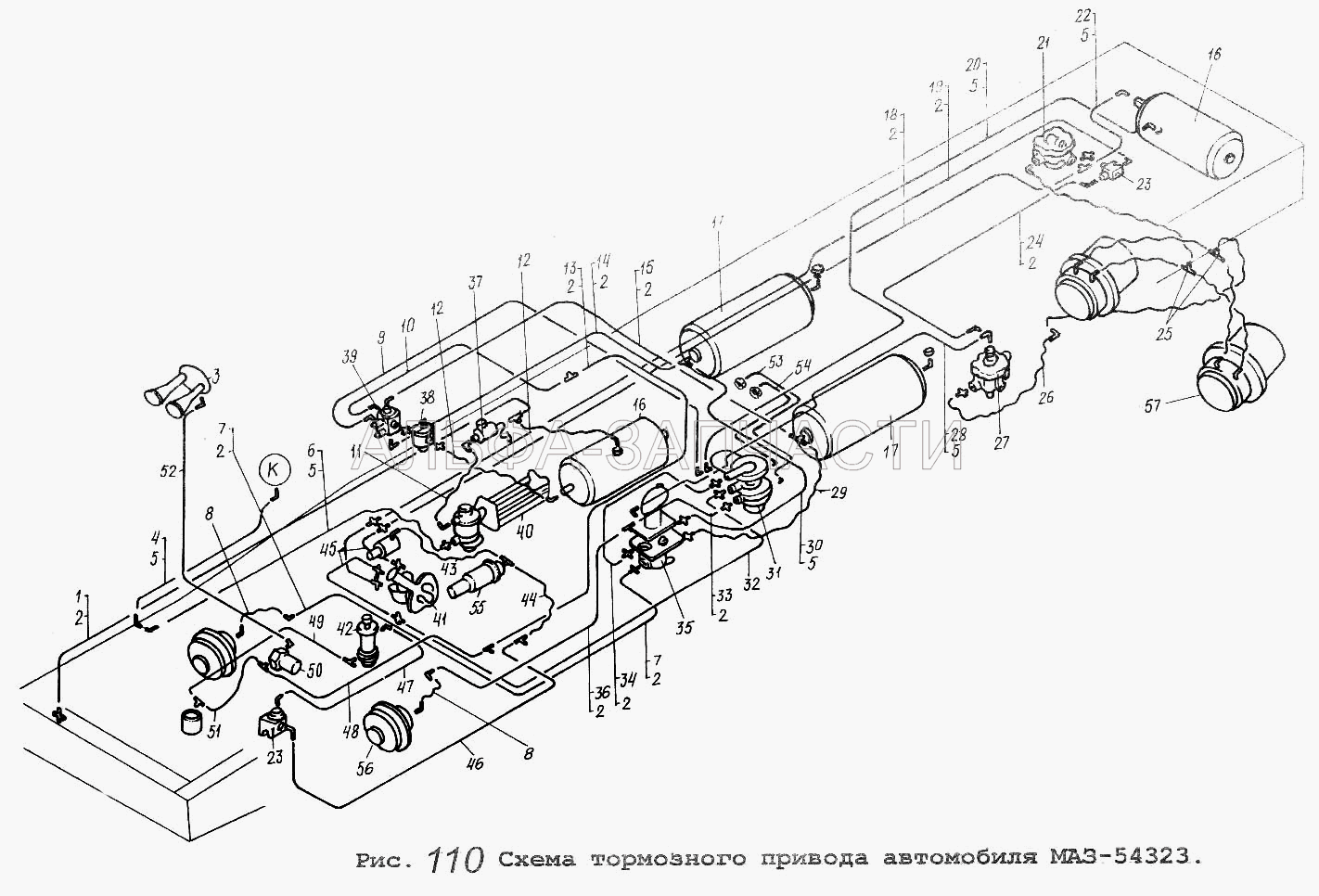 Схема тормозного привода автомобиля МАЗ-54323 (100-3514008 Кран с рычагом в сборе) 
