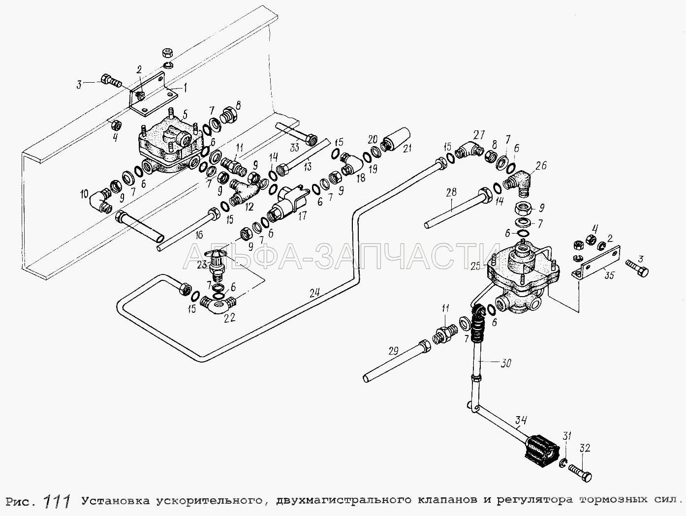 Установка ускорительного, двухмагистрального клапанов и регулятора тормозных сил (404314 Штуцер) 