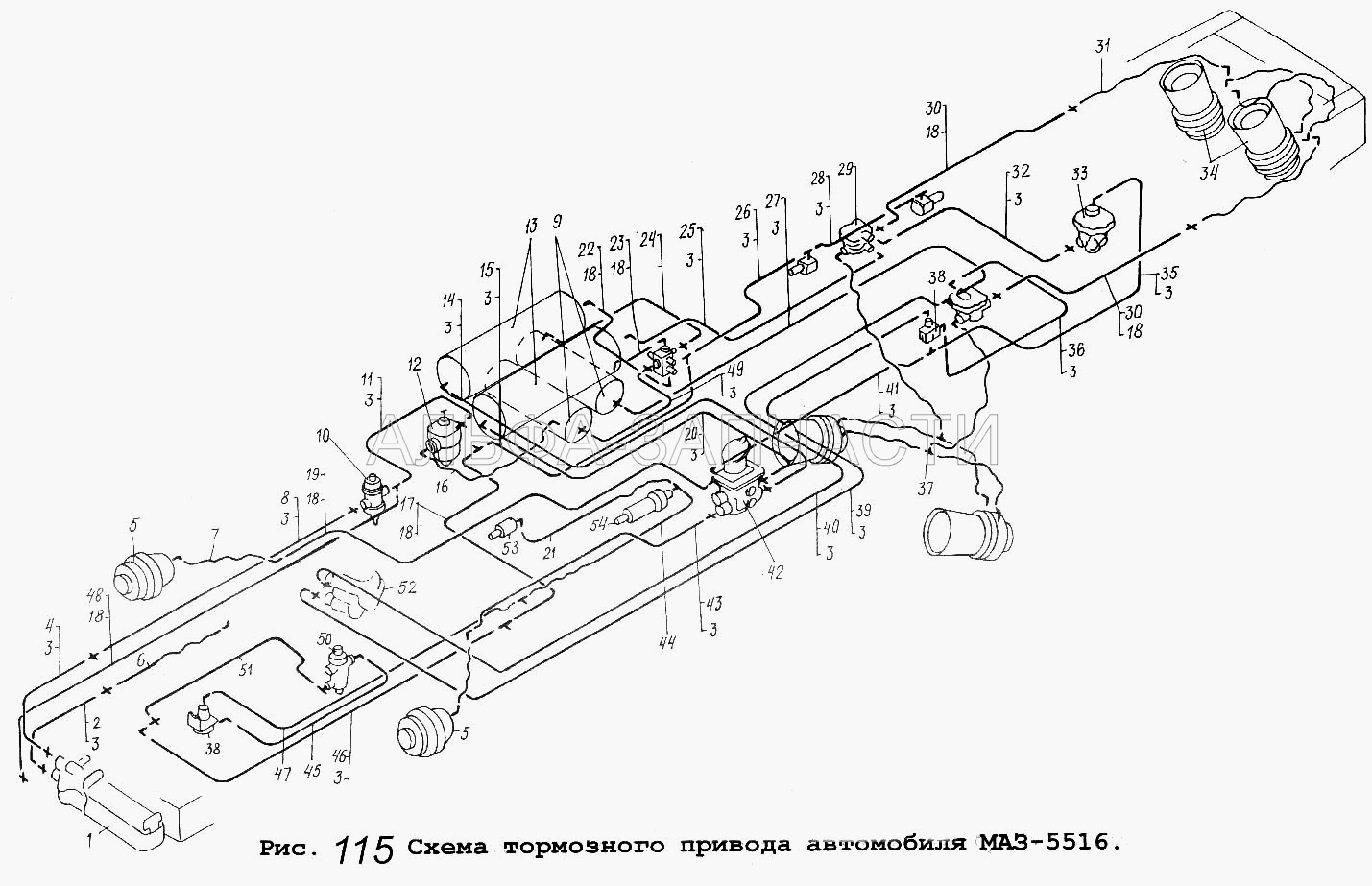 Схема тормозного привода автомобиля МАЗ-5516  