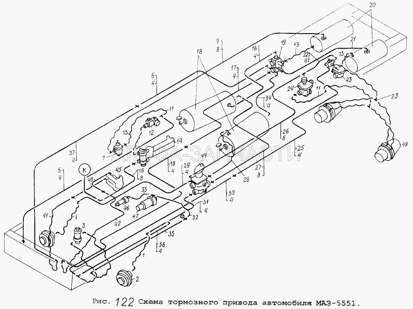 Схема тормозного привода автомобиля МАЗ-5551 (100-3514008 Кран с рычагом в сборе) 