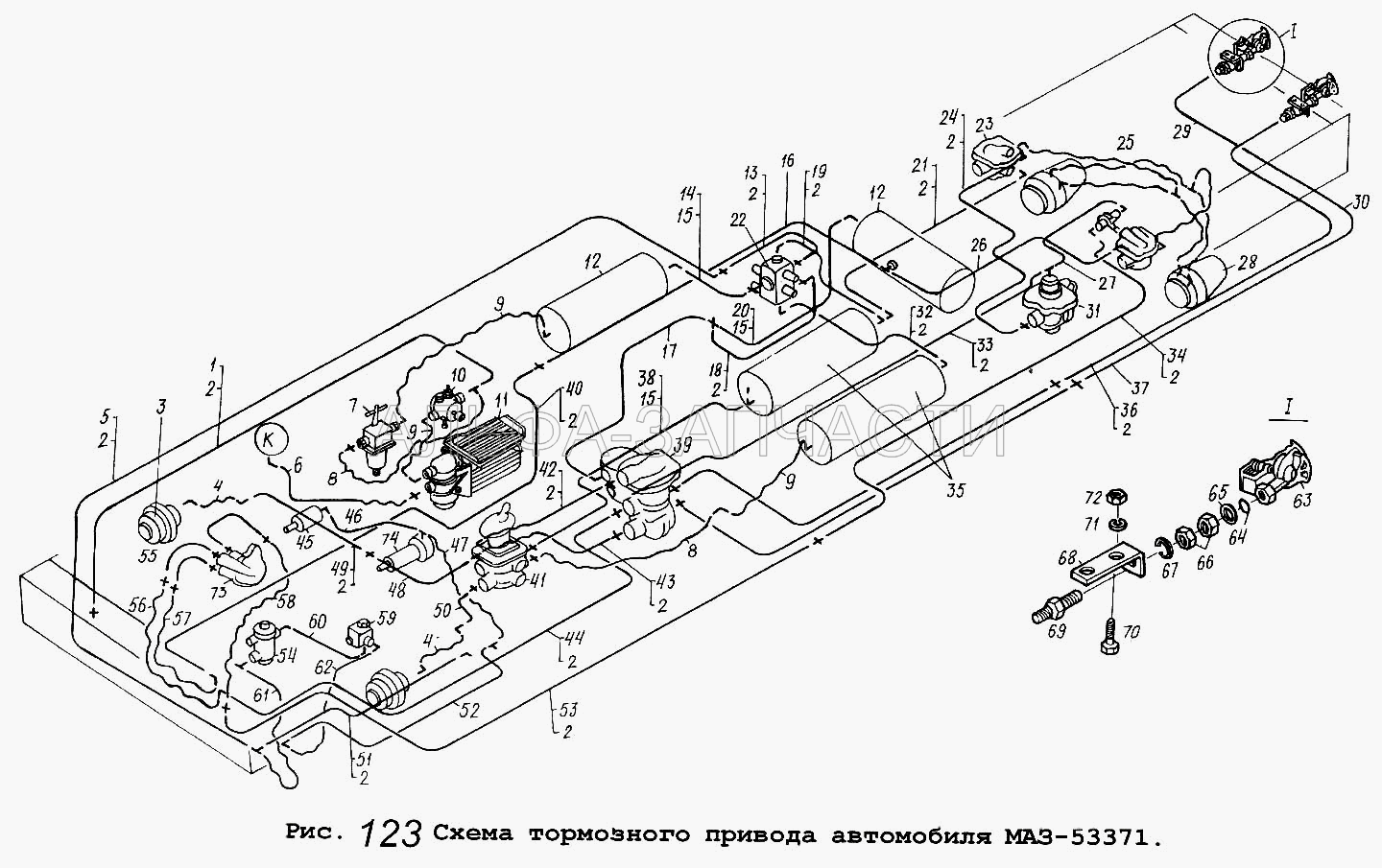 Схема тормозного привода автомобиля МАЗ-53371 (11.3512010 Регулятор давления с предохранительным клапаном в сборе) 