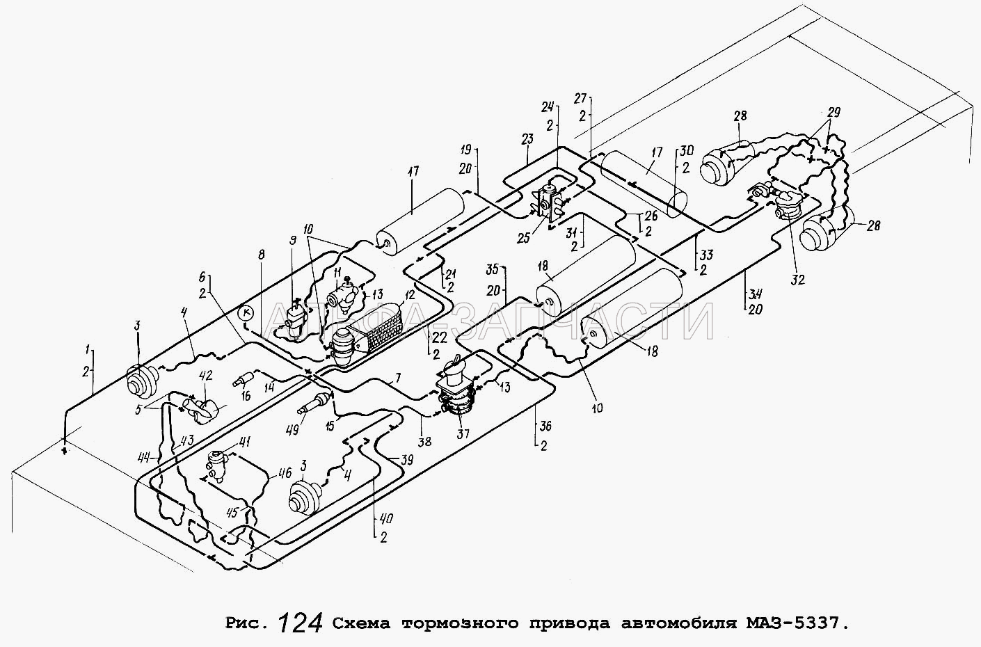 Схема тормозного привода автомобиля МАЗ-5337 (100-3514008 Кран с рычагом в сборе) 