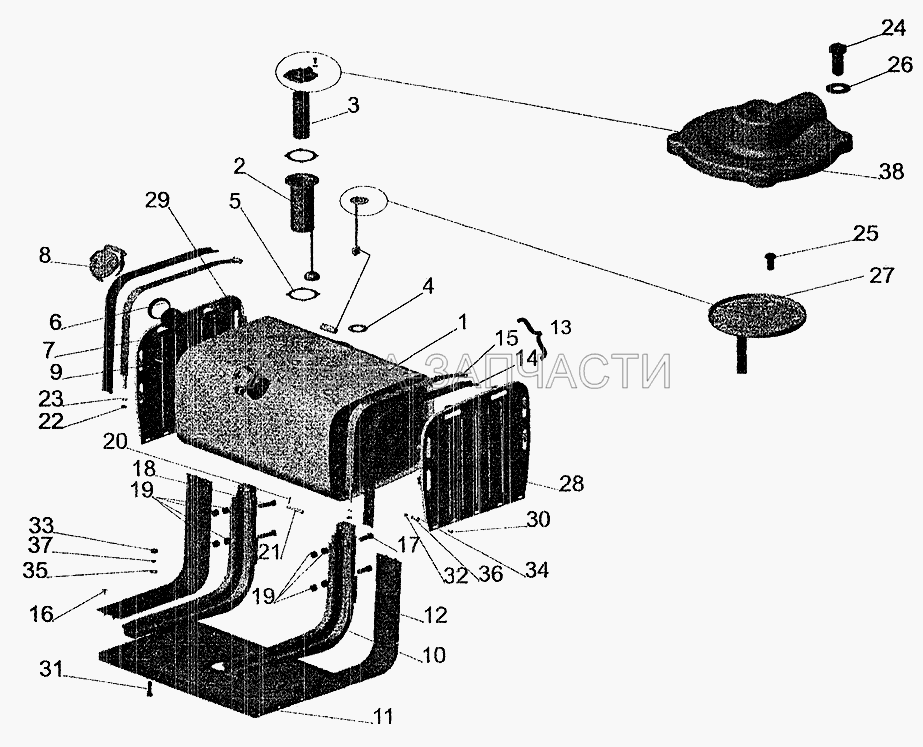 Крепление топливного бака (с ограждением) на МАЗ-533702 (5335-1105011 Крышка фильтра) 
