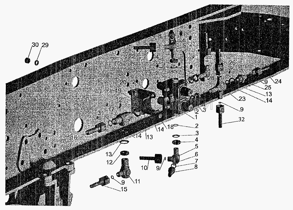 Крепление четырехконтурного клапана МАЗ-533608, МАЗ-533605, МАЗ-533603, МАЗ-533602, МАЗ-630308  