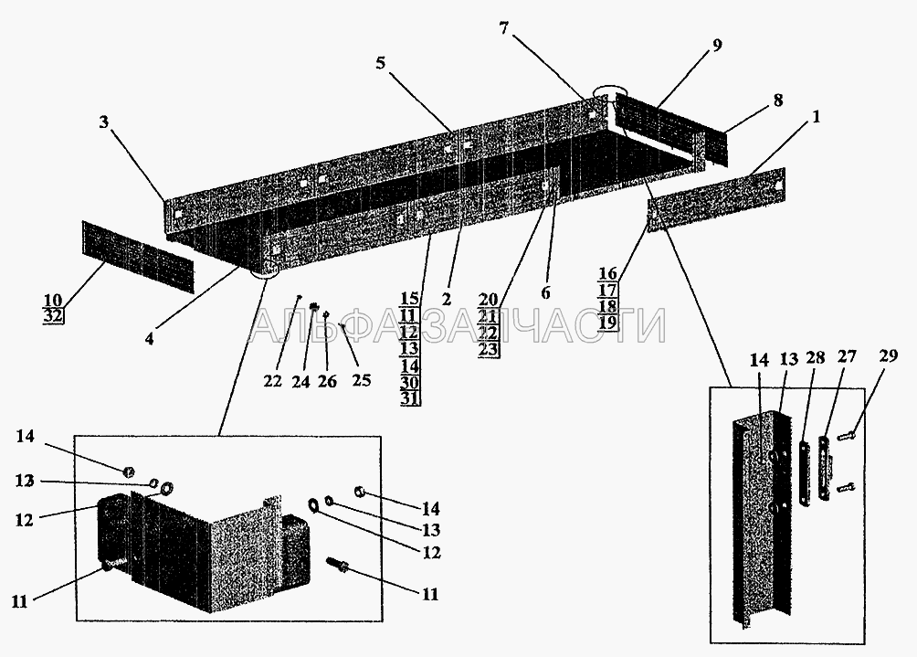 Установка бортов и стоек на МАЗ-630308, МАЗ-630305, МАЗ-630303 (53371-8502451 Стойка задняя левая) 