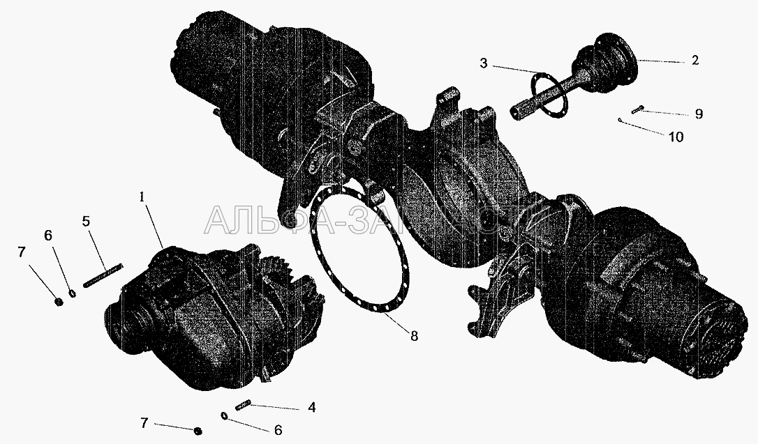 Мост средний. Установка редуктора и элементов подвески автомобилей МАЗ-630308, МАЗ-630305, МАЗ-630303 (6303-2502010-030 Редуктор (U=6,59)) 