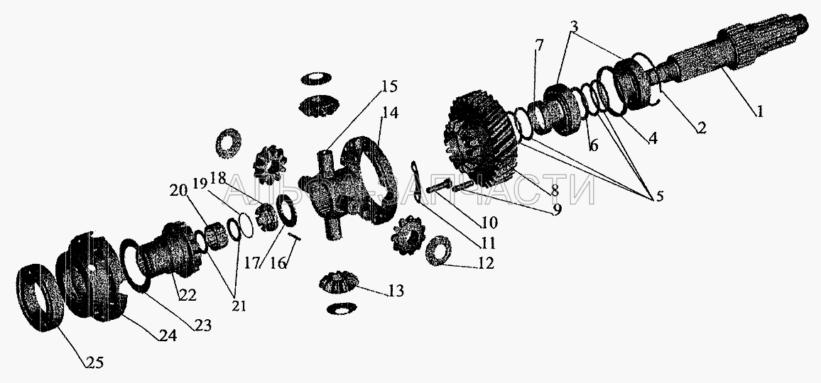 Редуктор среднего моста. Дифференциал межосевой (6422-2502151 Шестерня ведущая) 