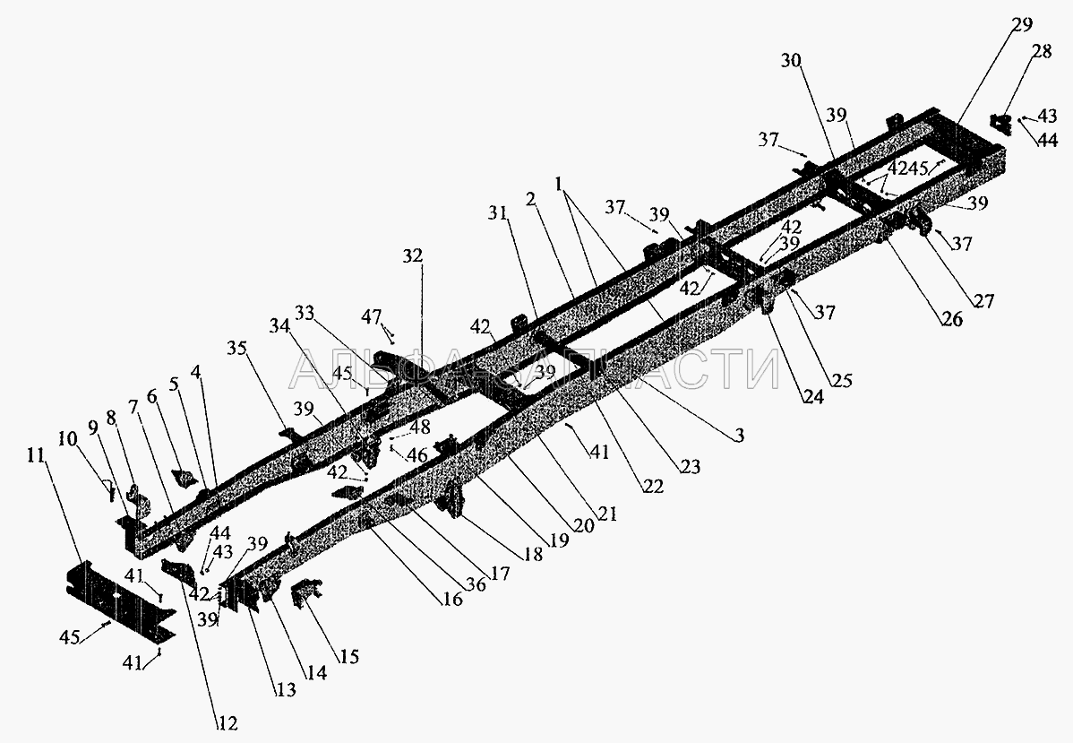 Рама автомобиля-сортиментовоза МАЗ-533602 (374727 Гайка М16х1,5-5Н6Н) 