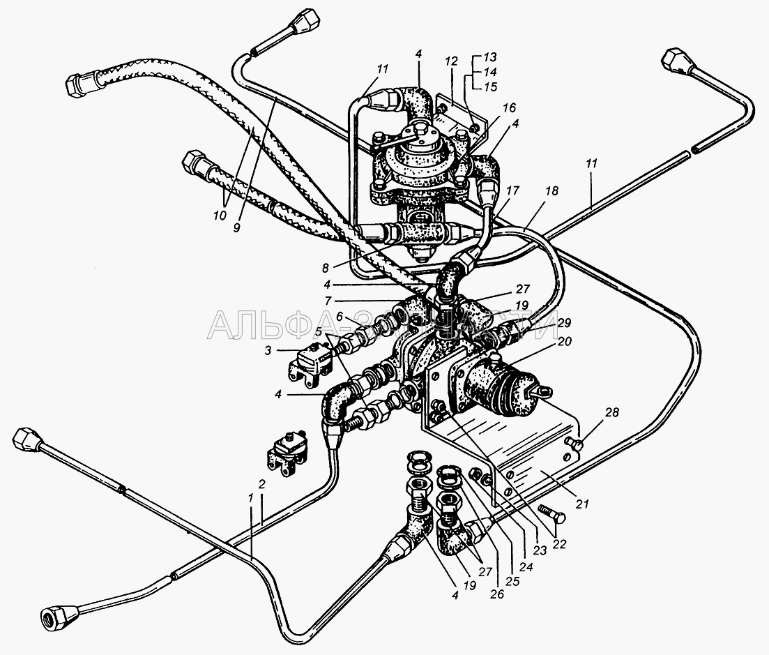 Трубопроводы к тормозным кранам МАЗ-509А (5336-3506187 Шланг от двойного защитного клапана к левому воздушному баллону в сборе) 