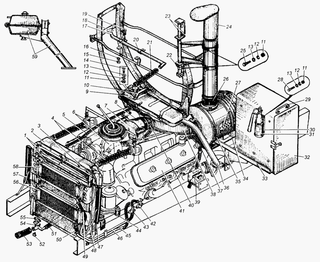 Установка воздушного фильтра, радиатора и расширительного бачка, шторки радиатора, масляных радиаторов, держателя запасного колеса и инструментального ящика МАЗ-504В  