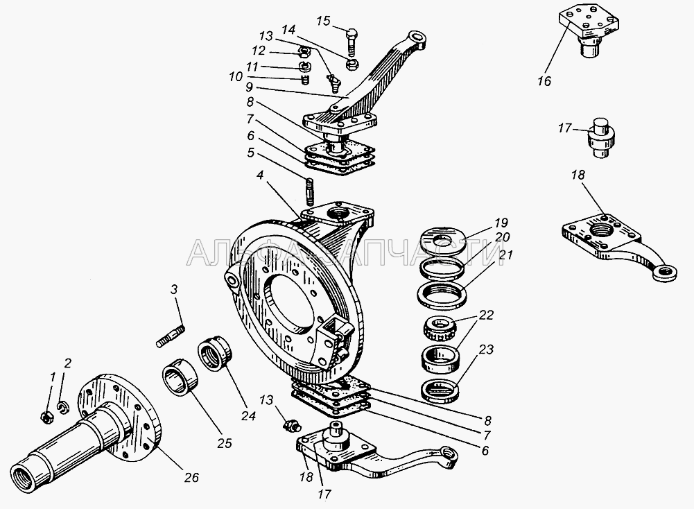 Цапфа поворотная и шкворневое устройство МАЗ-509А (501-2304034-Б Шайба опорная) 