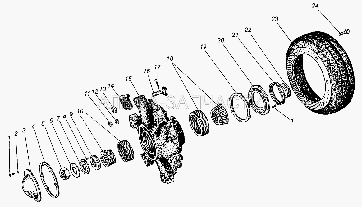 Ступица и тормозной барабан переднего колеса МАЗ-5335, МАЗ-5549, МАЗ-5429 (372613-П29 Болт) 