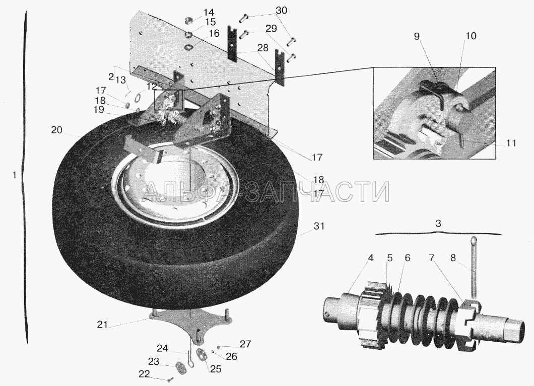 Установка запасного колеса МАЗ-555102 (63035-3100001-10) (886-3508030 Собачка) 