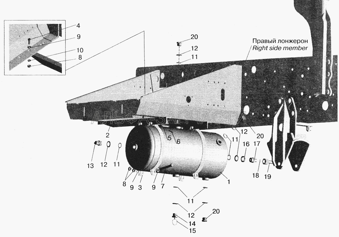 Установка ресивера и присоединительной арматуры на МАЗ-543208, 543205, 543203, 543202 (105.069.05.000 Клапан контрольного вывода) 